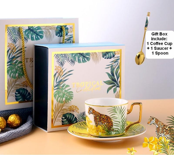 Jungle Animals Porcelain Coffee Cups, Coffee Cups with Gold Trim and Gift Box, Tea Cups and Saucers-ArtWorkCrafts.com