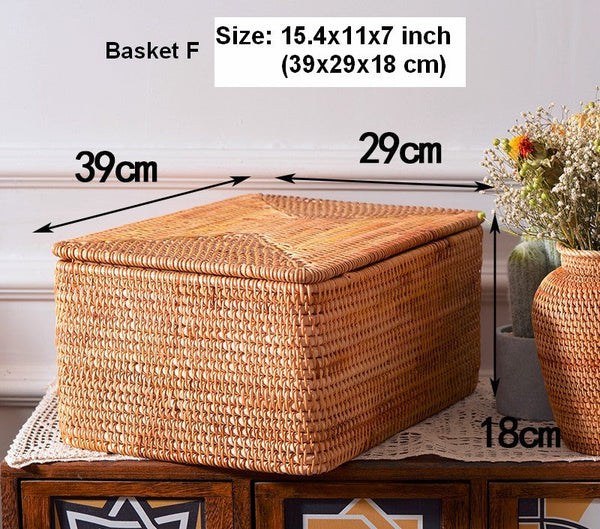 Storage Baskets with Lid, Rectangular Storage Baskets, Storage Baskets for Clothes, Pantry Storage Baskets, Rattan Woven Storage Basket for Bedroom-ArtWorkCrafts.com