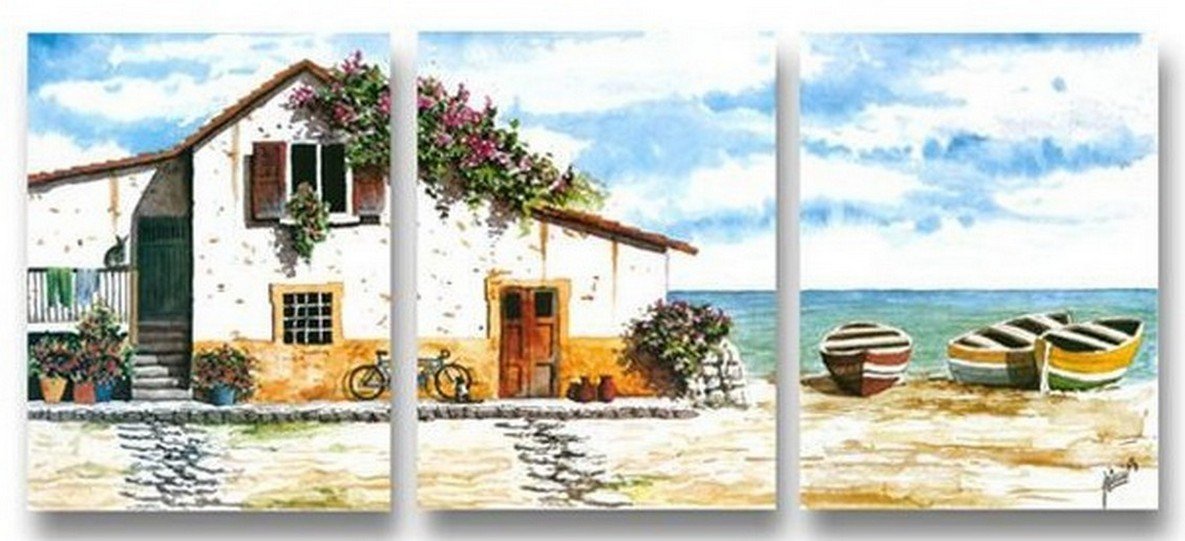 Cottage At Seashore, Landscape Painting, Landscape Art, 3 Panel Painting, Art Painting