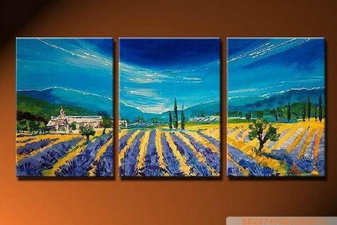 Lavender Field, Landscape Painting, Living Room Wall Art, 3 Panel Painting, Art Painting, Wall Hanging-ArtWorkCrafts.com