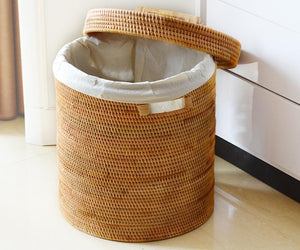 Large Laundry Storage Basket with Lid, Large Rattan Storage Basket for Bathroom, Woven Round Storage Basket for Clothes-ArtWorkCrafts.com
