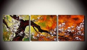 Abstract Art, Plum Tree in Full Bloom, Large Oil Painting, Living Room Wall Art, Modern Art, 3 Piece Wall Art-ArtWorkCrafts.com