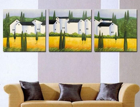 Landscape Painting, Cottage House, Canvas Painting, Wall Art, Large Oil Painting, Living Room Wall Art, Modern Art, 3 Piece Wall Art, Huge Painting-ArtWorkCrafts.com