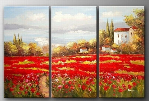 Italian Red Poppy Field, Canvas Painting, Landscape Art, Landscape Painting, Large Painting, Living Room Wall Art, Oil on Canvas, 3 Piece Oil Painting, Large Wall Art-ArtWorkCrafts.com