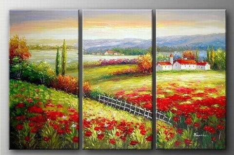 Landscape Art, Italian Red Poppy Field, Canvas Painting, Landscape Painting, Oil on Canvas, 3 Piece Oil Painting, Large Wall Art-ArtWorkCrafts.com