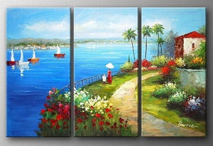 Landscape Art, Italian Mediterranean Sea, Sail Boat Art, Canvas Painting, Landscape Painting, Living Room Wall Art, Oil on Canvas, 3 Piece Oil Painting-ArtWorkCrafts.com