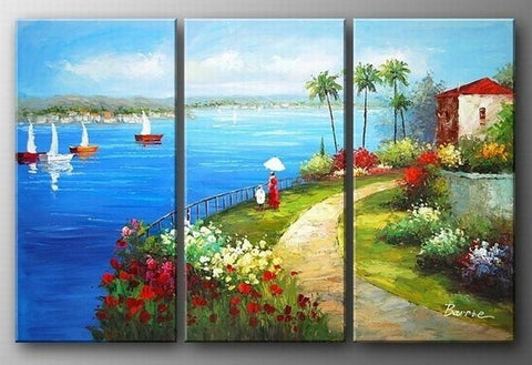 Landscape Art, Italian Mediterranean Sea, Sail Boat Art, Canvas Painting, Landscape Painting, Living Room Wall Art, Oil on Canvas, 3 Piece Oil Painting-ArtWorkCrafts.com