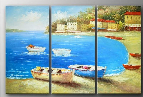 Italian Mediterranean Sea, Landscape Art, Boat Art, Canvas Painting, Living Room Wall Art, Oil on Canvas, 3 Piece Oil Painting, Large Wall Art-ArtWorkCrafts.com