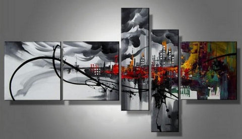 Cityscape Art, Black Wall Art, Huge Wall Art, Acrylic Art, 5 Piece Wall Painting, Hand Painted Art, Group Painting-ArtWorkCrafts.com