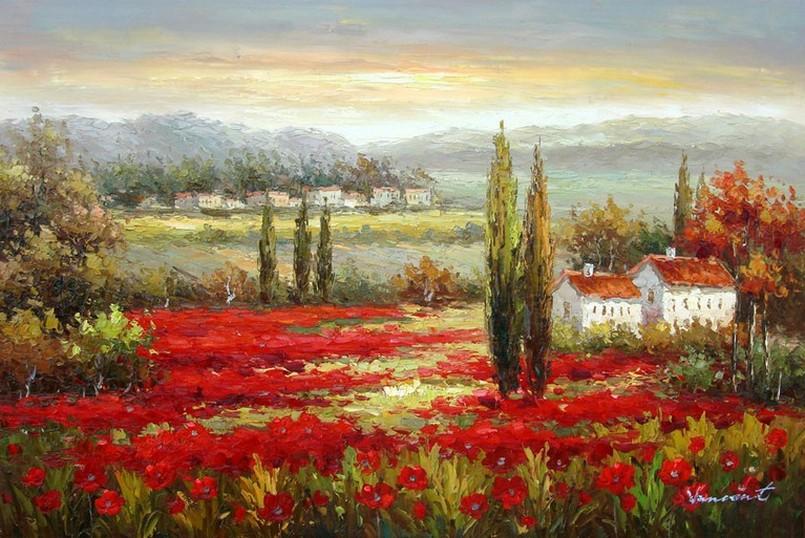Flower Field, Wall Art, Large Painting, Canvas Oil Painting, Landscape Painting, Living Room Wall Art, Cypress Tree, Canvas Wall Art, Canvas Art, Red Poppy Field-ArtWorkCrafts.com