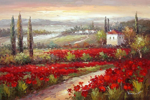 Flower Field, Canvas Oil Painting, Landscape Painting, Living Room Wall Art, Cypress Tree, Red Poppy Field-ArtWorkCrafts.com