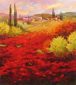 Flower Field, Wall Art, Large Painting, Canvas Painting, Landscape Painting, Living Room Wall Art, Cypress Tree, Oil Painting, Canvas Art, Red Poppy Field-ArtWorkCrafts.com