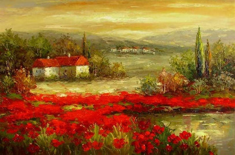 Flower Field Painting, Canvas Painting, Landscape Painting, Contemporary Wall Art, Large Painting, Living Room Wall Art, Cypress Tree, Oil Painting, Poppy Field-ArtWorkCrafts.com