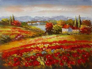 Red Poppy Field, Flower Field, Wall Art, Large Painting, Canvas Painting, Landscape Painting, Living Room Wall Art, Cypress Tree, Oil Painting, Canvas Art-ArtWorkCrafts.com