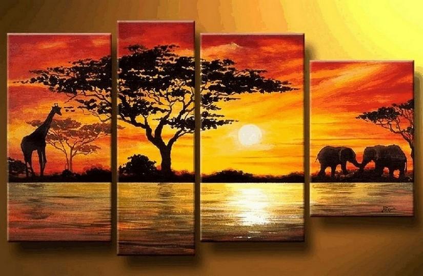 African Painting, Sunset Painting, Living Room Wall Art Paintings, Landscape Canvas Paintings, Extra Large Wall Art Paintings-ArtWorkCrafts.com
