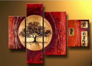 Extra Large Painting, Tree of Life Painting, Red Abstract Painting, 4 Piece Art Painting, Abstract Art, Living Room Wall Art-ArtWorkCrafts.com