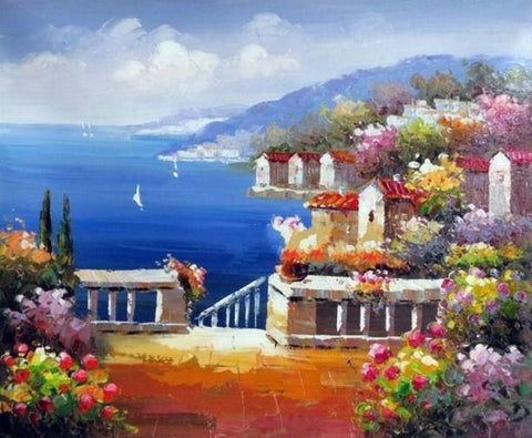 Landscape Painting, Wall Art, Canvas Painting, Heavy Texture Painting, Living Room Wall Art, Oil Painting, Wall Painting, Canvas Art, Italian Summer Resort-ArtWorkCrafts.com