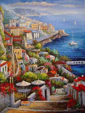 Landscape Painting, Wall Art, Large Painting, Mediterranean Sea Painting, Canvas Painting, Kitchen Wall Art, Oil Painting, Art on Canvas, Seashore Town, France Summer Resort-ArtWorkCrafts.com