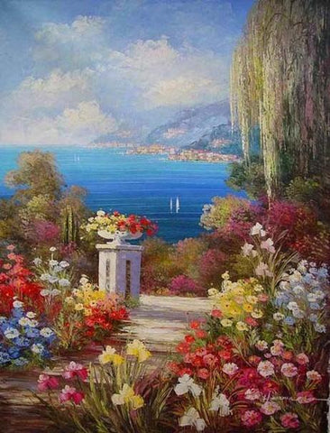 Landscape Painting, Summer Resort Painting, Wall Art, Mediterranean Sea Painting, Canvas Painting, Kitchen Wall Art, Oil Painting, Seascape, France Summer Resort-ArtWorkCrafts.com