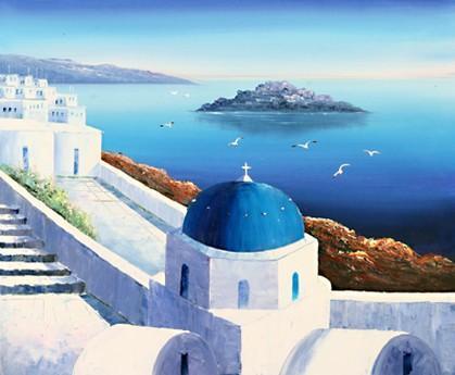 Landscape Painting, Summer Resort Painting, Mediterranean Sea Painting, Kitchen Wall Art, Oil Painting, Canvas Art, Seascape, Greece Summer Resort-ArtWorkCrafts.com