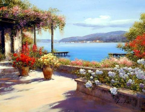 Landscape Painting, Wall Art, Large Painting, Mediterranean Sea Painting, Canvas Painting, Kitchen Wall Art, Oil Painting, Canvas Art, Seascape, France Summer Resort-ArtWorkCrafts.com