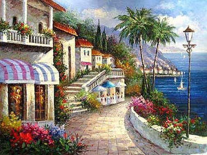 Canvas Painting, Landscape Painting, Wall Art, Large Painting, Bedroom Wall Art, Oil Painting, Art Painting, Canvas Art, Seascape, Seashore Hotel, Summer Resort-ArtWorkCrafts.com
