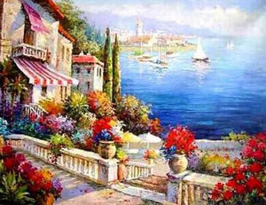 Canvas Painting, Landscape Painting, Mediterranean Sea Painting, Wall Art, Large Painting, Bedroom Wall Art, Oil Painting, Canvas Art, Seascape, Seashore Bar-ArtWorkCrafts.com
