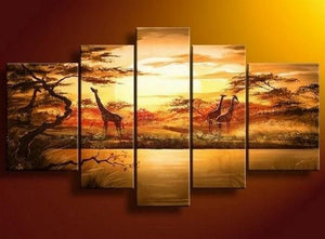 African Painting, Sunset Painting, Canvas Painting, Wall Art, Large Art, Abstract Painting, Living Room Art, 5 Piece Wall Art-ArtWorkCrafts.com
