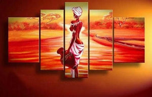 African Girl, Sunset Painting, Canvas Painting, African Woman Painting, 5 Piece Canvas Art, Abstract Wall Painting-ArtWorkCrafts.com