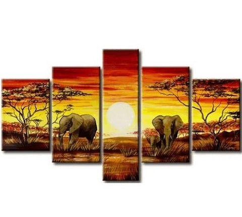 African Painting, Elephant Painting, Living Room Art, 5 Piece Wall Art, Living Room Wall Painting-ArtWorkCrafts.com