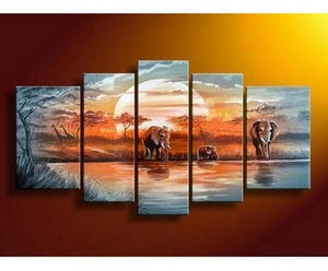 Elephant Painting, African Painting, Abstract Art, Canvas Painting, Wall Art, Large Art, Abstract Painting, Living Room Art, 5 Piece Wall Art-ArtWorkCrafts.com