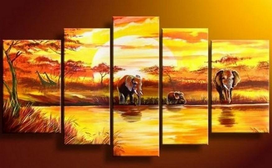 Elephant Painting, African Painting, Abstract Wall Art, Canvas Painting, Wall Art, Large Art, Abstract Painting, Living Room Art, 5 Piece Wall Art-ArtWorkCrafts.com
