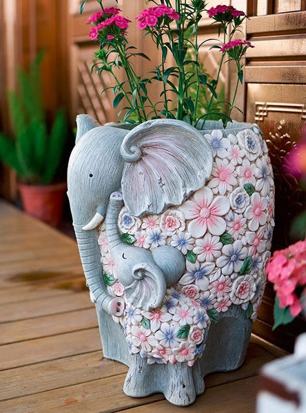Resin Statue for Garden, Modern Garden Flower Pot, Unique Animal Statue for Garden Ornaments, Beautiful Elephant Flowerpot, Villa Outdoor Decor Gardening Ideas-ArtWorkCrafts.com
