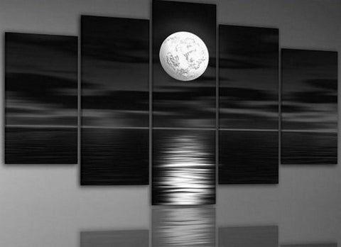 Large Canvas Art, Abstract Art, Bedroom Art Decor, 5 Piece Art, Canvas Art Painting, Moon Rising from Sea, Ready to Hang-ArtWorkCrafts.com
