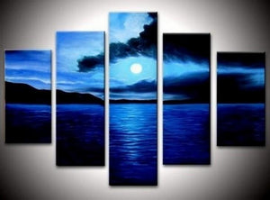 Large Canvas Art, Abstract Art, Canvas Painting, Abstract Painting, Bedroom Art Decor, 5 Piece Art, Canvas Art Painting, Moon Rising from Sea, Ready to Hang-ArtWorkCrafts.com