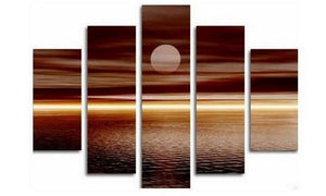 Large Canvas Art, 5 Panel Wall Art, Canvas Art Painting, Moon Rising from Sea, Ready to Hang-ArtWorkCrafts.com
