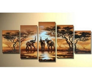 Large Canvas Art, Abstract Art, African Elephant Art, Canvas Painting, Abstract Painting, Living Room Art painting, 5 Piece Art, Modern Art-ArtWorkCrafts.com