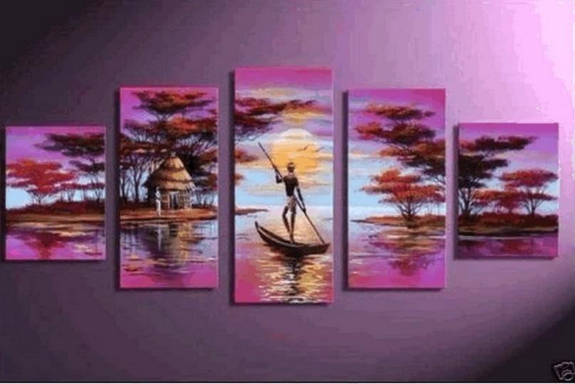 Large Canvas Art, 5 Piece Canvas Painting, Abstract Painting for Sale, African Woman Art, Boat at Lake River Art, Ready to Hang Painting-ArtWorkCrafts.com