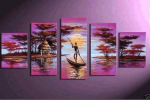 Large Canvas Art, 5 Piece Canvas Painting, Abstract Painting for Sale, African Woman Art, Boat at Lake River Art, Ready to Hang Painting-ArtWorkCrafts.com