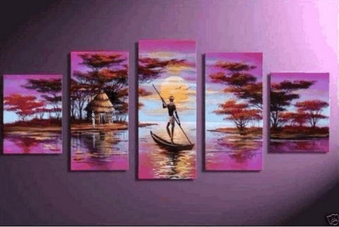 Large Canvas Art, 5 Piece Canvas Painting, Abstract Painting for Sale, African Woman Art, Boat at Lake River Art, Ready to Hang Painting-ArtWorkCrafts.com