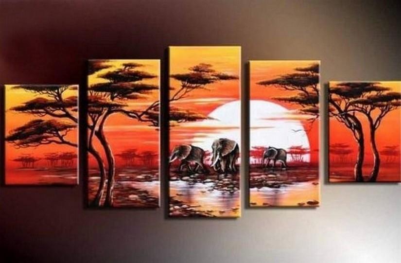Large Canvas Art, Abstract Art, Canvas Painting, Abstract Painting, African Art, Elephant Sunset Art, Home Art, 5 Piece Wall Art, Landscape Art, Ready to Hang-ArtWorkCrafts.com