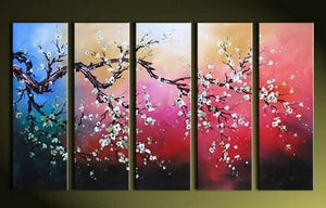 Plum Tree Painting, Flower Art, Abstract Painting, 5 Piece Wall Art, Huge Painting, Acrylic Art, Ready to Hang-ArtWorkCrafts.com