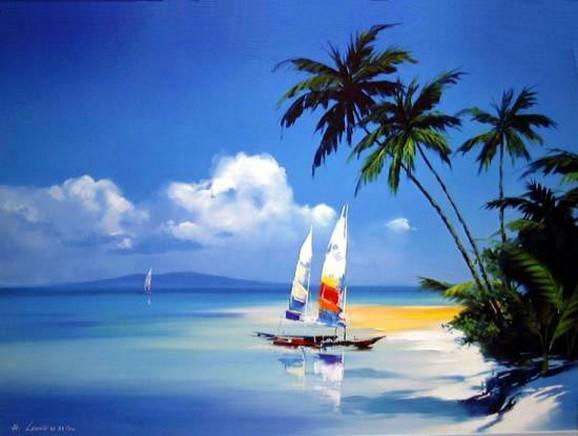 Hawaii Beach, Seashore Painting, Sail Boat Painting, Canvas Art, Canvas Painting, Oil Painting, Wall Art, Large Painting, Canvas Painting, Canvas Art-ArtWorkCrafts.com
