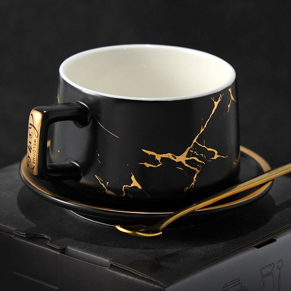 Large Tea Cup, White Coffee Cup, Black Coffee Mug, Ceramic Cup, Coffee Cup and Saucer Set-ArtWorkCrafts.com