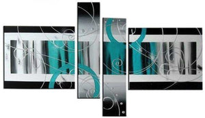 4 Piece Canvas Art, Abstract Oil Painting for Sale, Black and White, Blue Canvas Art, Contemporary Wall Art-ArtWorkCrafts.com