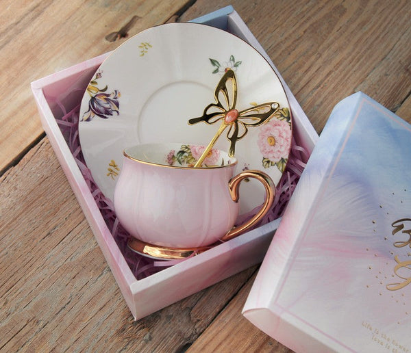 Unique Coffee Cup and Saucer in Gift Box as Birthday Gift, Elegant Pink Ceramic Cups, Beautiful British Tea Cups, Creative Bone China Porcelain Tea Cup Set-ArtWorkCrafts.com