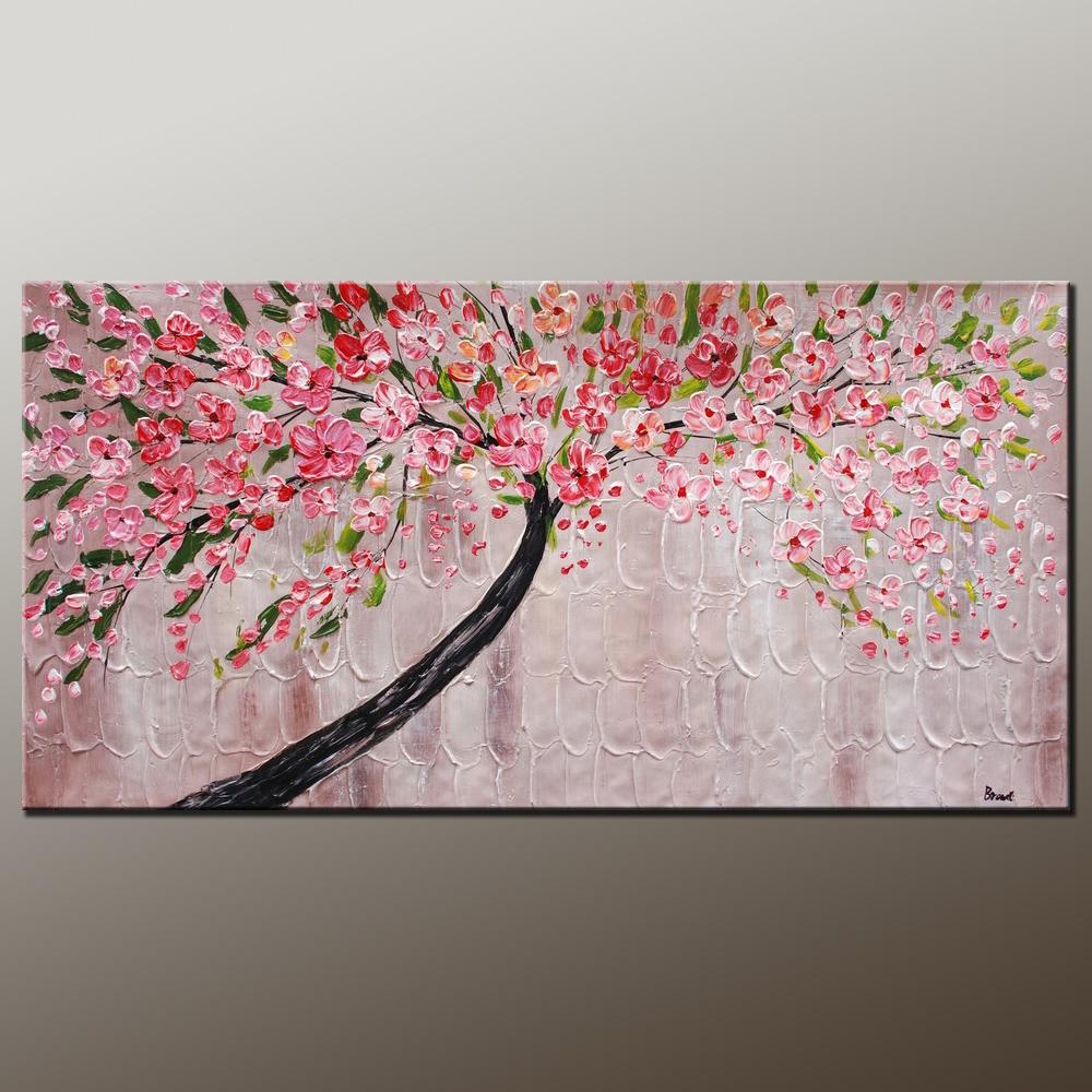 Modern Art, Contemporary Art, Tree Painting, Oil Painting, Flower Painting, Bedroom Wall Art, Heavy Texture Painting, Bedroom Wall Art, Canvas Art-ArtWorkCrafts.com