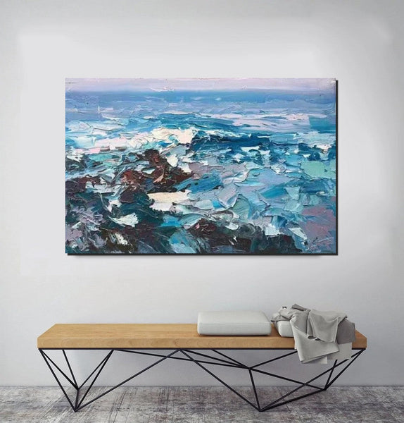 Landscape Canvas Paintings, Seascape Painting, Acrylic Paintings for Living Room, Abstract Landscape Paintings, Seascape Big Wave Painting, Heavy Texture Canvas Art-ArtWorkCrafts.com