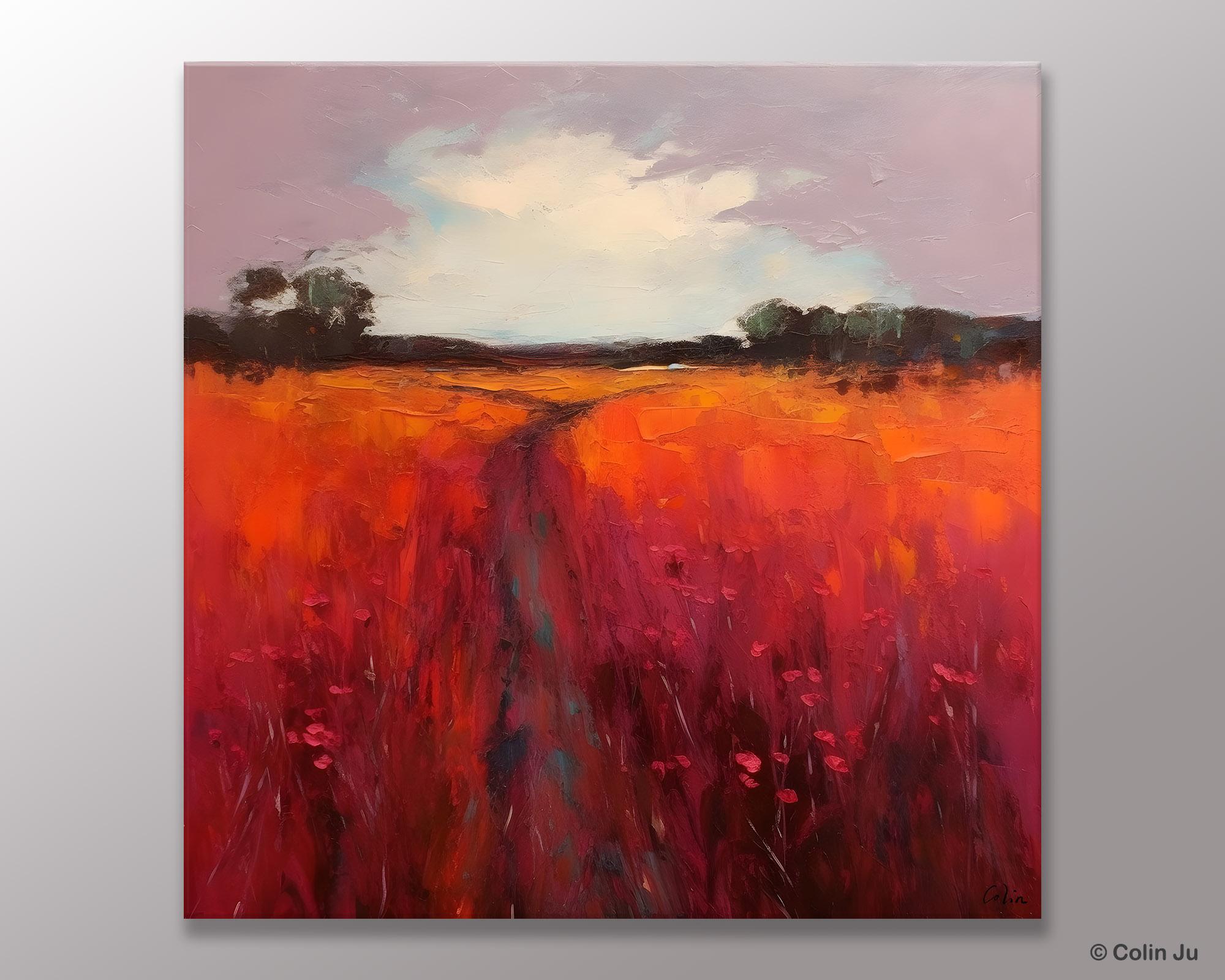 Landscape Canvas Paintings, Acrylic Abstract Art on Canvas, Red Poppy Flower Field Painting, Landscape Acrylic Painting, Living Room Wall Art Paintings-ArtWorkCrafts.com
