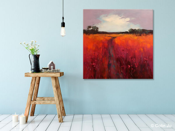 Landscape Canvas Paintings, Acrylic Abstract Art on Canvas, Red Poppy Flower Field Painting, Landscape Acrylic Painting, Living Room Wall Art Paintings-ArtWorkCrafts.com
